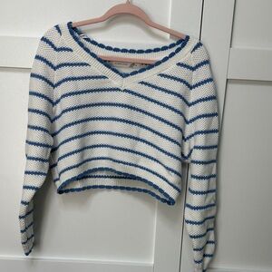 Altar'd State Blue and White Striped V-Neck Sweater